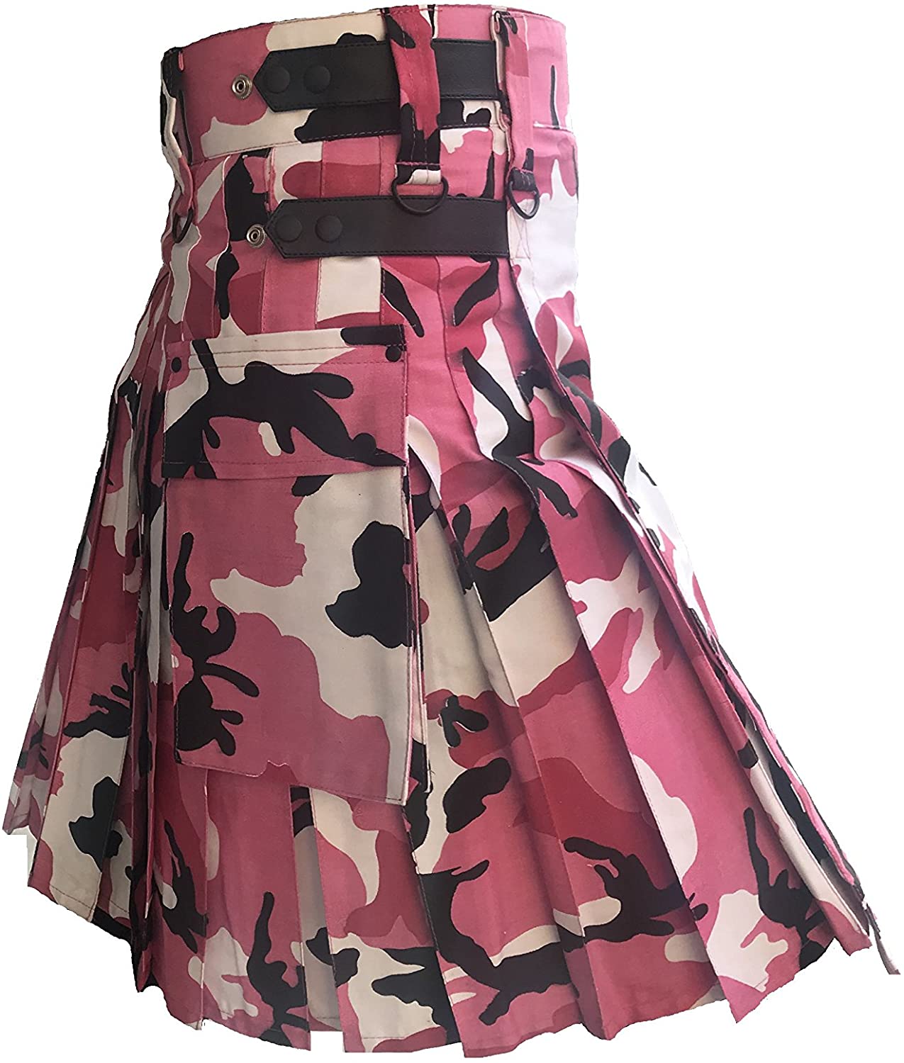 Pink Camouflage Cotton Utility Kilt, Fashion Sport Utility Kilt Leather Straps