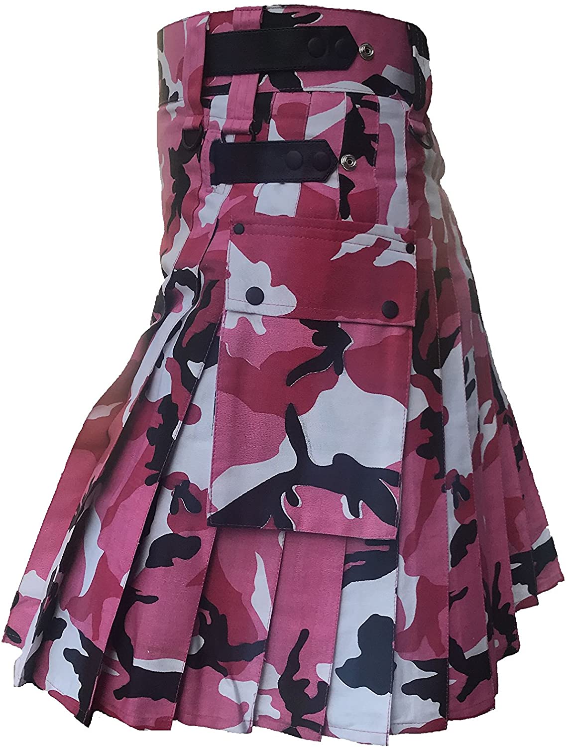Pink Camouflage Cotton Utility Kilt, Fashion Sport Utility Kilt Leather Straps