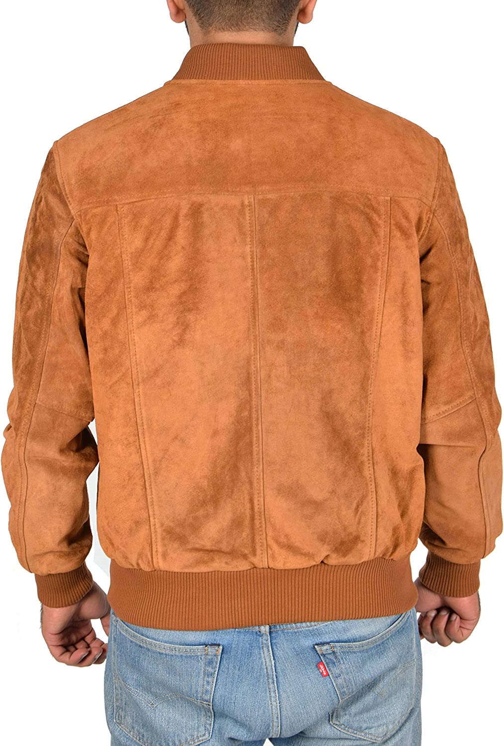 Men's Suede Bomber Jacket Classic Retro Varsity Tan Real Leather Jacket