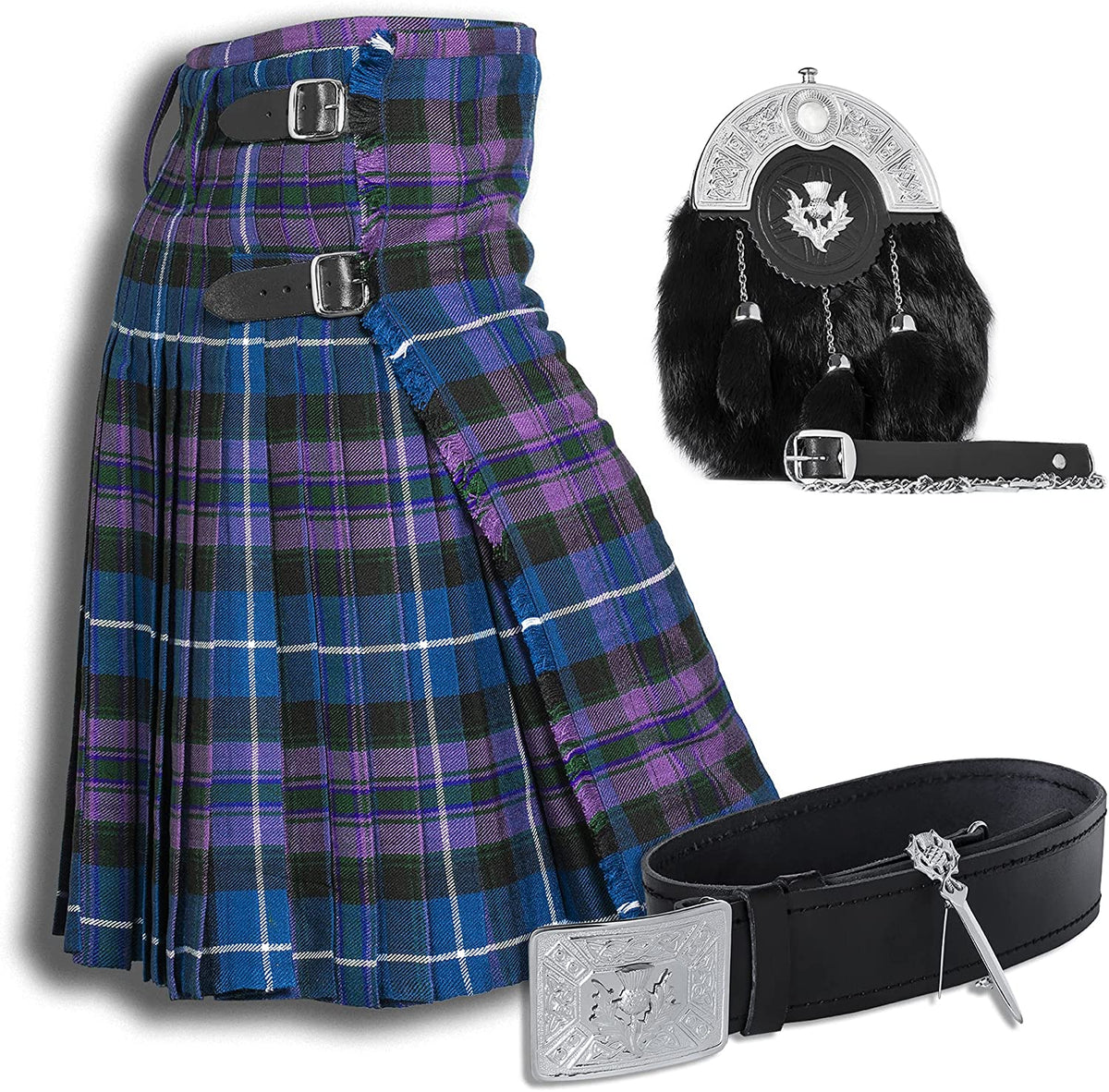 Demand Scottish Outfit Highland Tartan Kilt Set With Sporran Belt Buckle & Pin