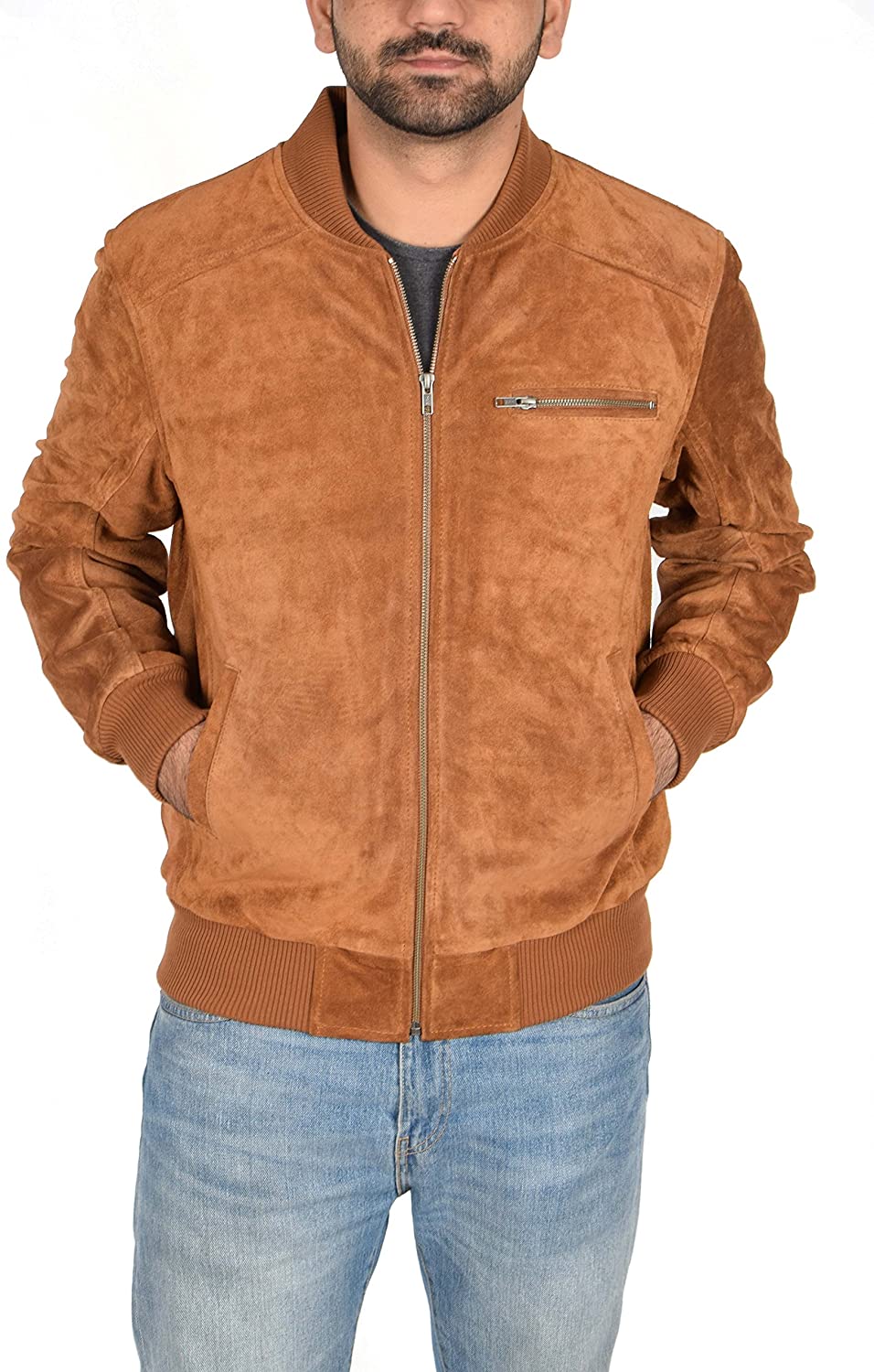 Men's Suede Bomber Jacket Classic Retro Varsity Tan Real Leather Jacket