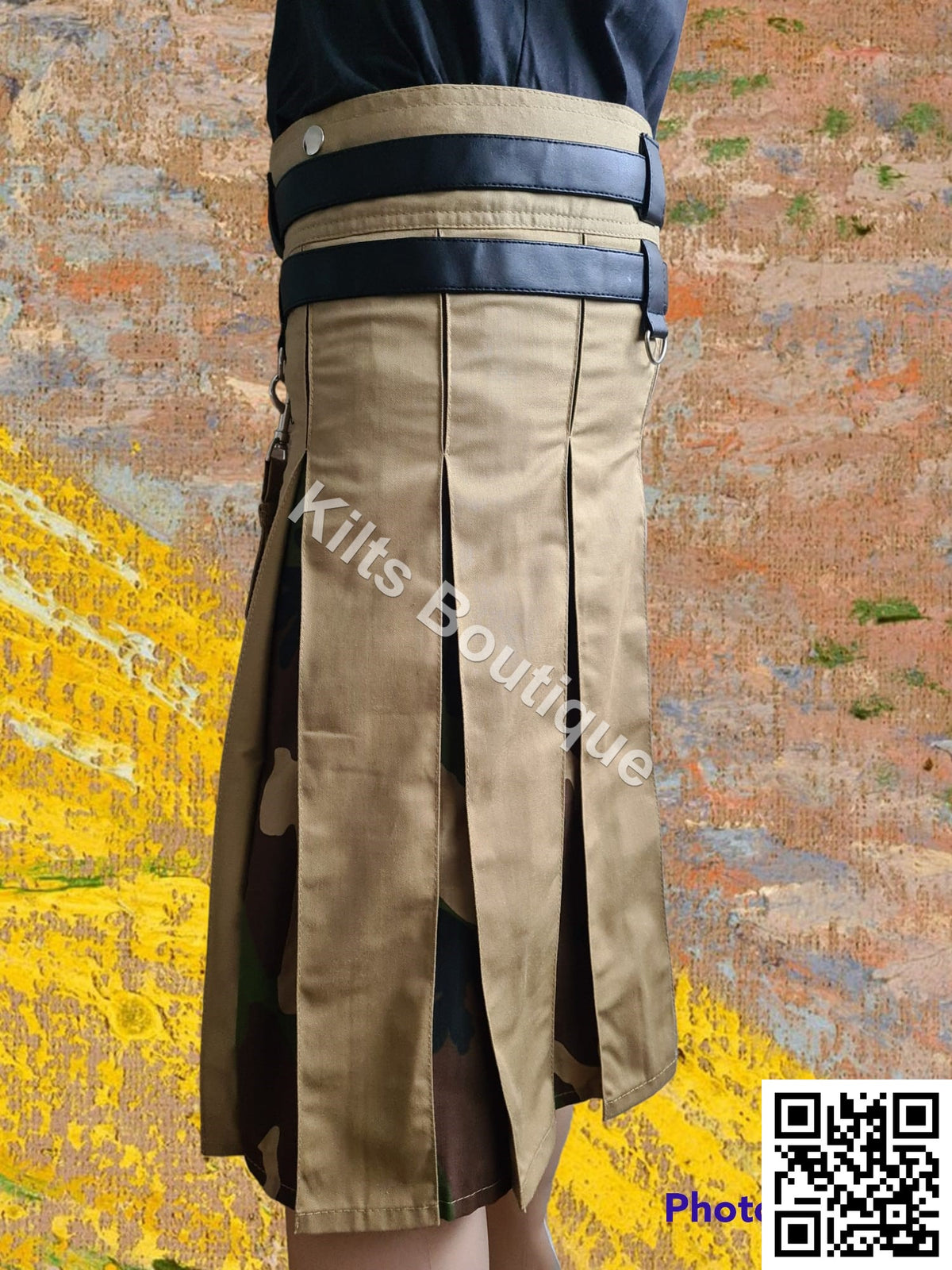 Khaki Camo Adjustable Utility Kilt for Men With Front Detachable Pocket