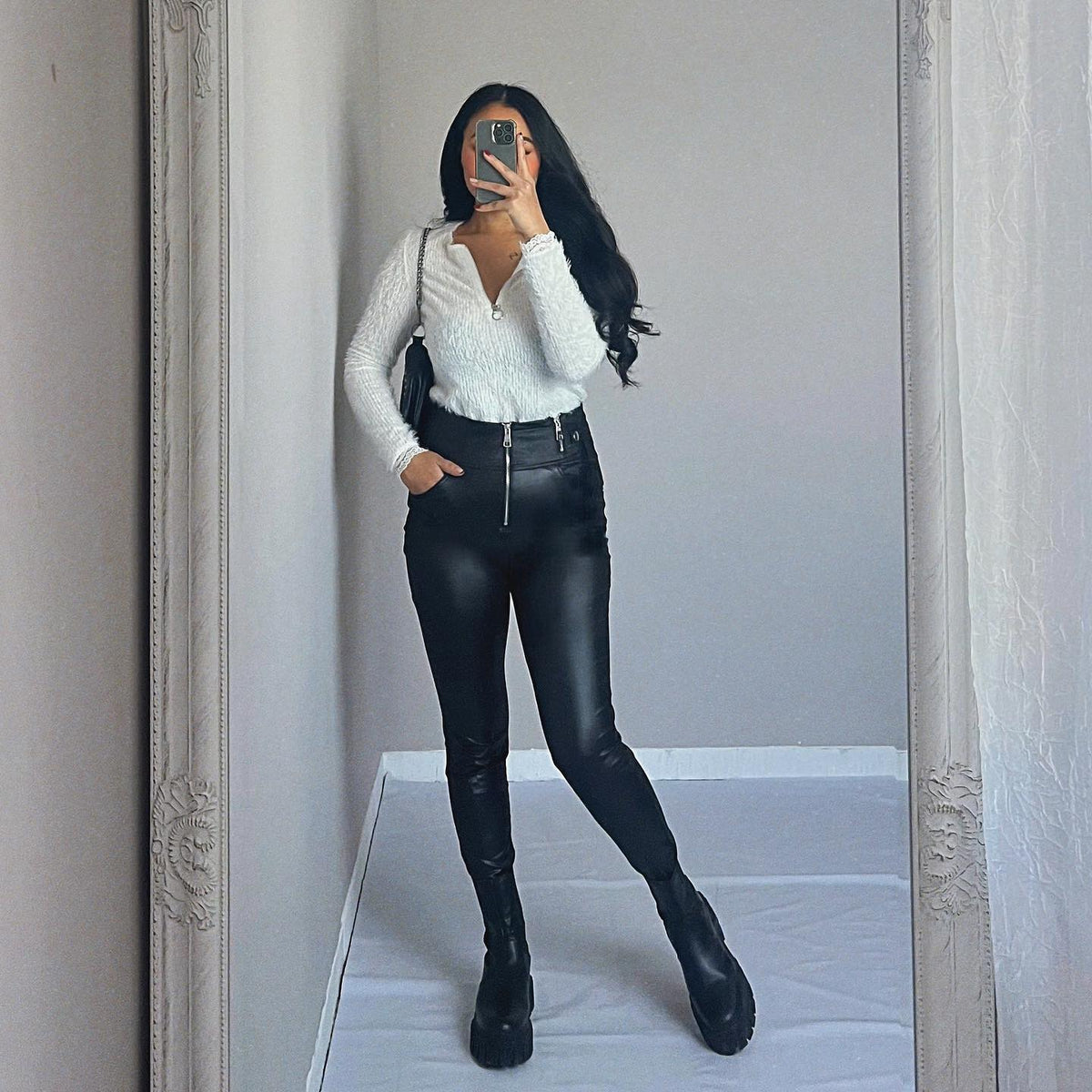 Women's Pu Leather Pants Zipper Casual Fashion Long High Waist Pocket Slim Black Pencil Pants