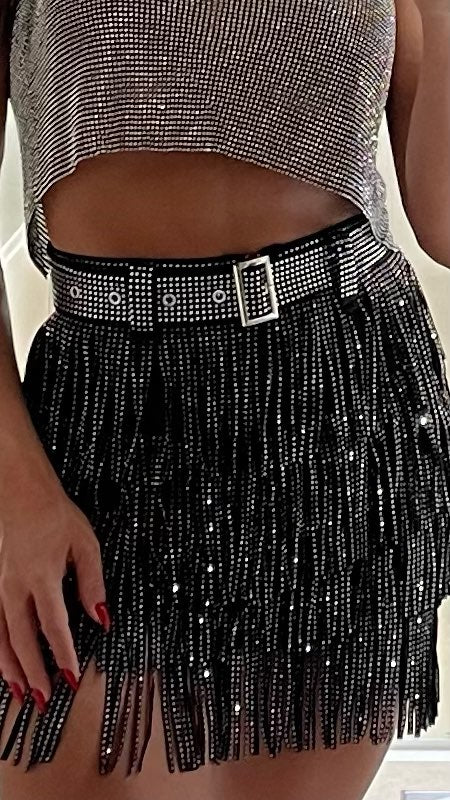 Women's Skirt High Waist Belt Multi-Layer Short  Heavy Drilling Rhinestones Fringed Skirt with Cake A Line