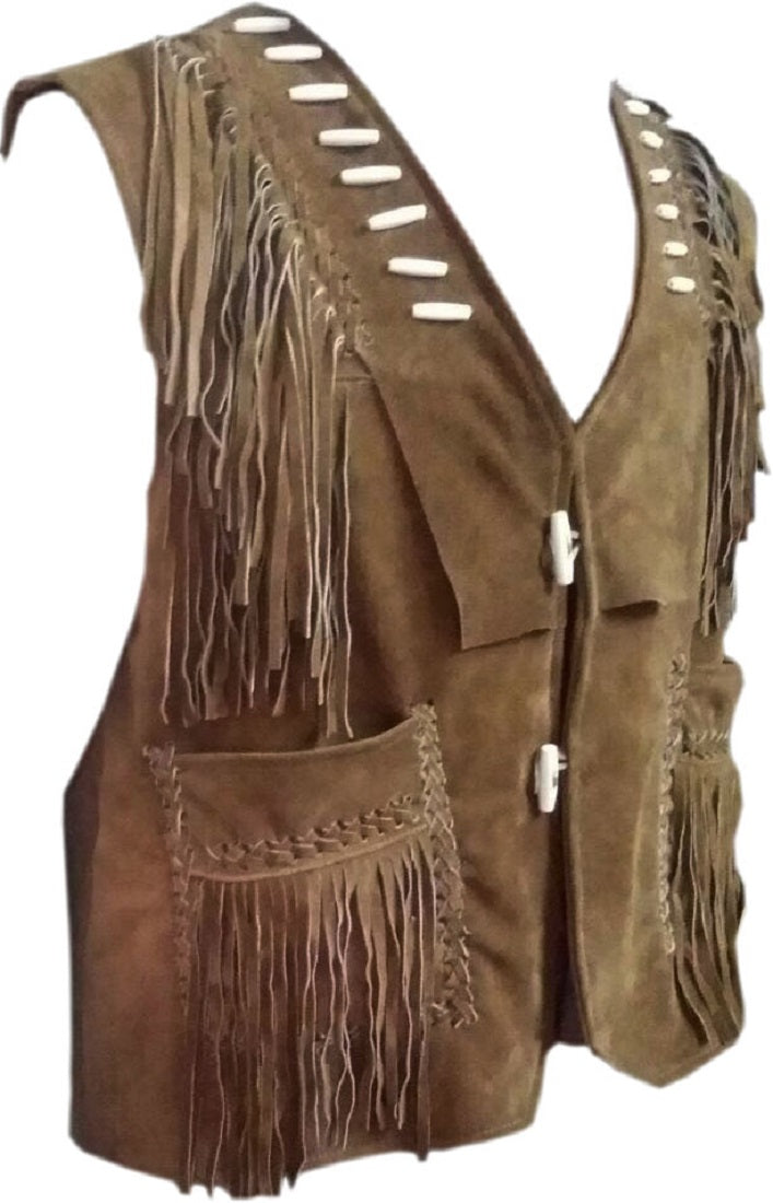 Leather Men's Fashion Western Real Leather Fringes and Beaded Vest Brown