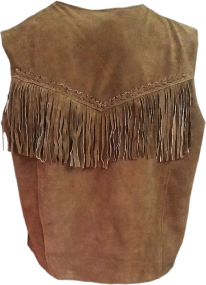 Leather Men's Fashion Western Real Leather Fringes and Beaded Vest Brown