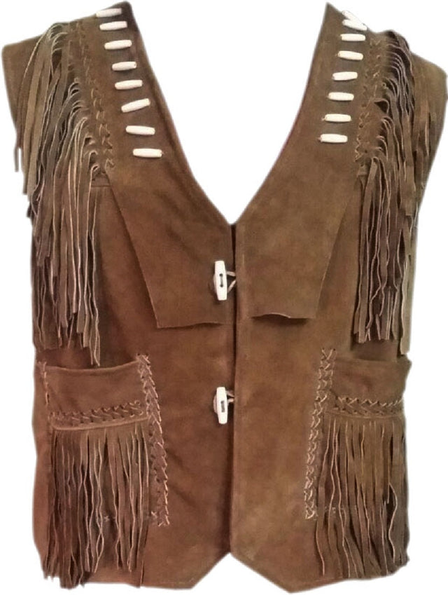 Leather Men's Fashion Western Real Leather Fringes and Beaded Vest Brown