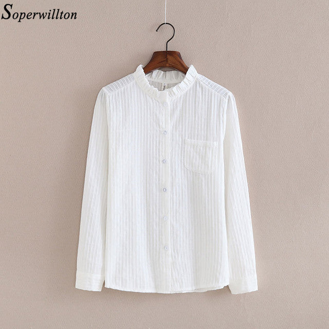 Women Top and Blouse Long Sleeve White Shirt Spring 100% Cotton Shirt