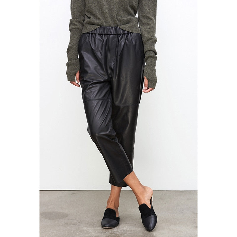 Genuine Leather Harem Pants Women Trousers High Elastic Waist