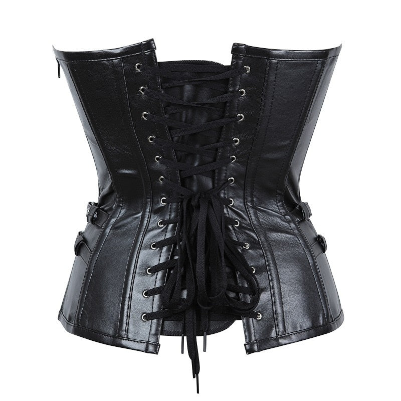 Women Faux PU Leather Overbust Corset Steampunk Black Corsets