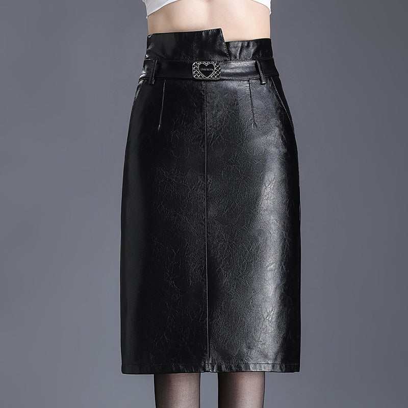 Back Slit High Waist Streetwear Straight Skirt Knee-Length Pocket PU Skirt