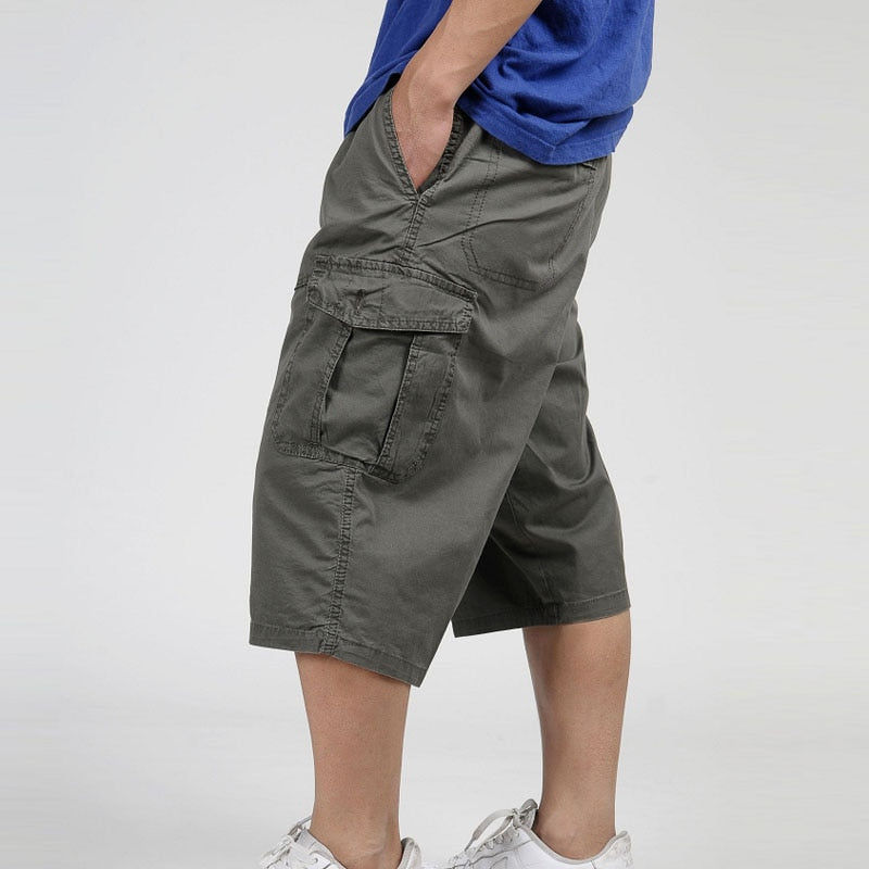 Men Summer Multi-pocket Baggy Cargo Cotton Calf-Length  Pants Casual Trouser
