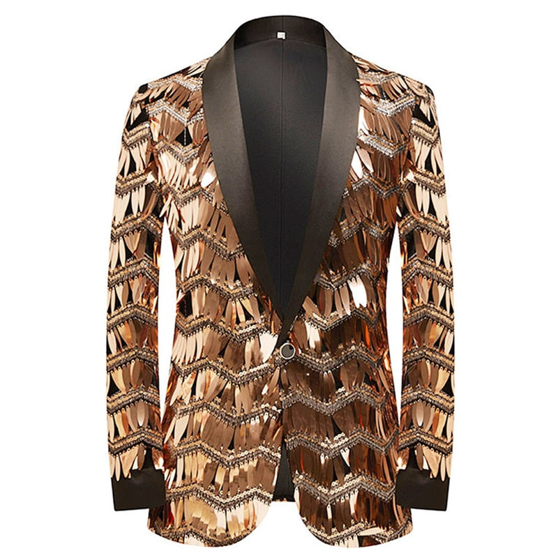 Mens Luxury Wave Striped Gold Sequin Blazer Jacket Shawl Lapel One But