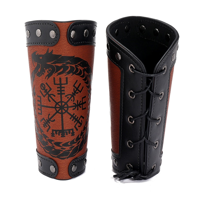 Wide Bangle Nordic Viking Compass Punk Wolf Head Leather Bracelet