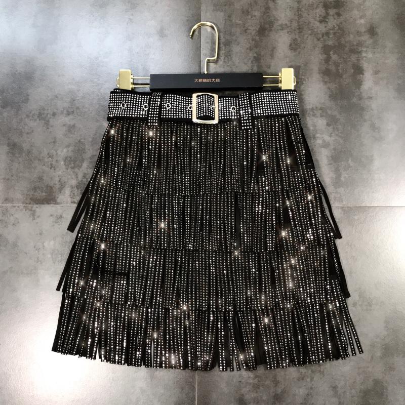 Women's Skirt High Waist Belt Multi-Layer Short  Heavy Drilling Rhinestones Fringed Skirt with Cake A Line