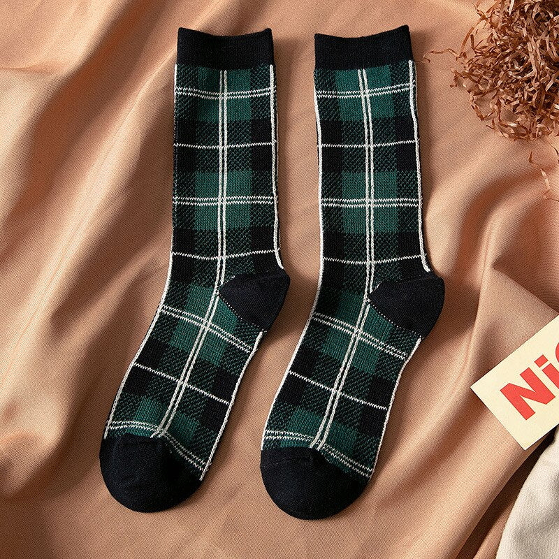 Cotton Socks Style Retro Stack Socks Thousand Bird Tartan Style Preppy Fashion Sen Department Mid-tube
