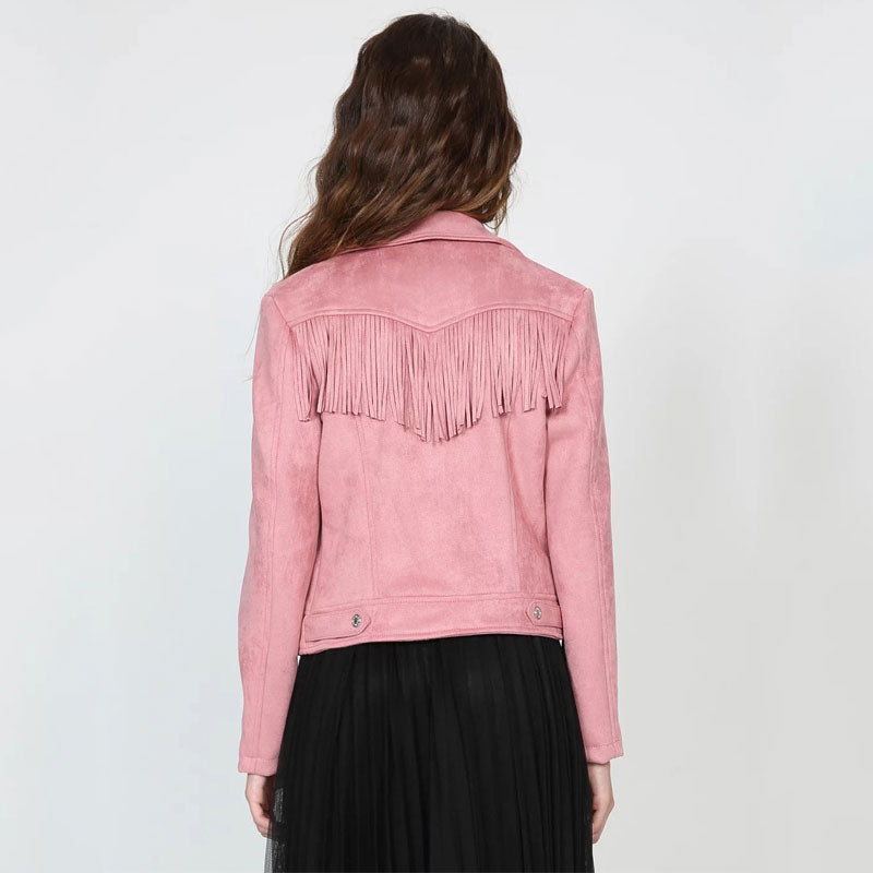 Fringe Faux Suede Jacket Women& Motorcycle Lapel Handsome Jacket Fall