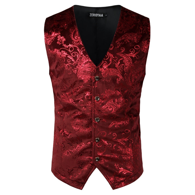 Mens Gold Metallic Paisley Printed Steampunk Vest Single Breasted V Neck Wedding Waistcoat Men Tuxedo Aristocrat Vests Gilet 2XL