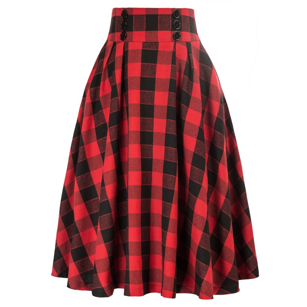Plaided Skirt High Waist Buttons Decorated Flared A-Line With Open Side-seam Pockets Flared A-Line Silhou