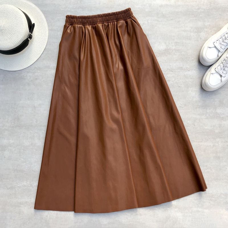 80cm Women Leather Long Skirts Pockets 2022 Winter Elastic Waist A-Line Flare Skirt