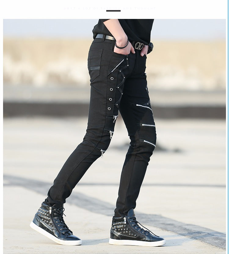 Slim Fit Pants Punk Style Black Patchwork Leather Zippers Dance Night Club Gothic Jeans Trousers