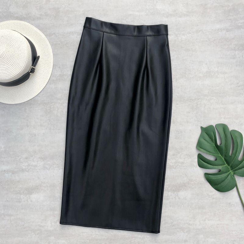 Vintage Zipper High Waist Latex Pencil Skirts Women Wrap  Midi Split Skirt Bodycon