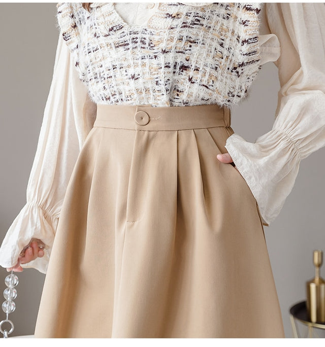 Summer Elastic High Waist Office Lady A-Line Midi Skirt Femme