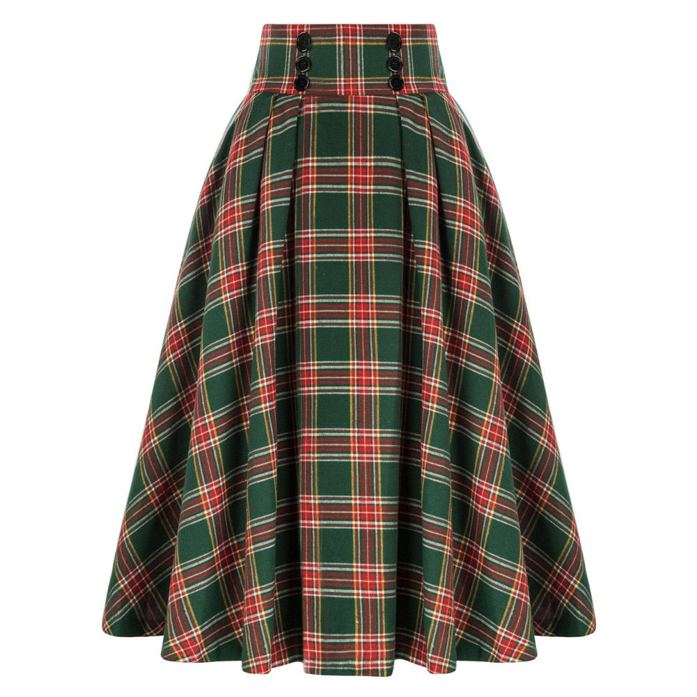 Plaided Skirt High Waist Buttons Decorated Flared A-Line With Open Side-seam Pockets Flared A-Line Silhou