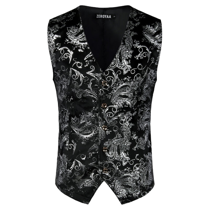 Mens Gold Metallic Paisley Printed Steampunk Vest Single Breasted V Neck Wedding Waistcoat Men Tuxedo Aristocrat Vests Gilet 2XL