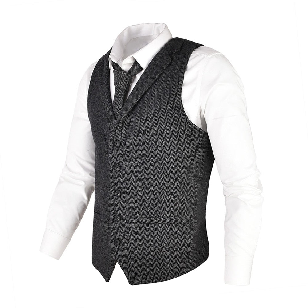 Waistcoat Herringbone Tweed Wool Blend Suit Vest Tailored Collar Dress Vests