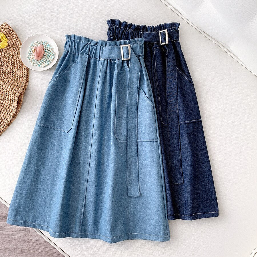 Denim Skirt Women High Waist Midi Jean Skirt A Line with Belt Street Casual Summer Clothing Blue Faldas