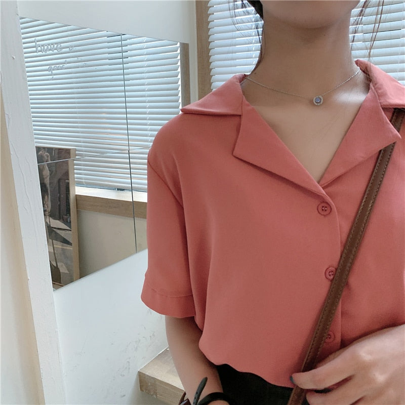 Women Chiffon Blouse Summer Shirt Short Sleeve Tops V Neck