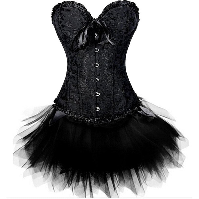 Gothic Corsets Dress Satin Lingerie Lace Top  G-string  Skirt Bustier