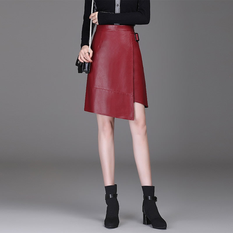 Women Asymmetrical Pu Leather  Short Skirt Women Club Wear Knee Length