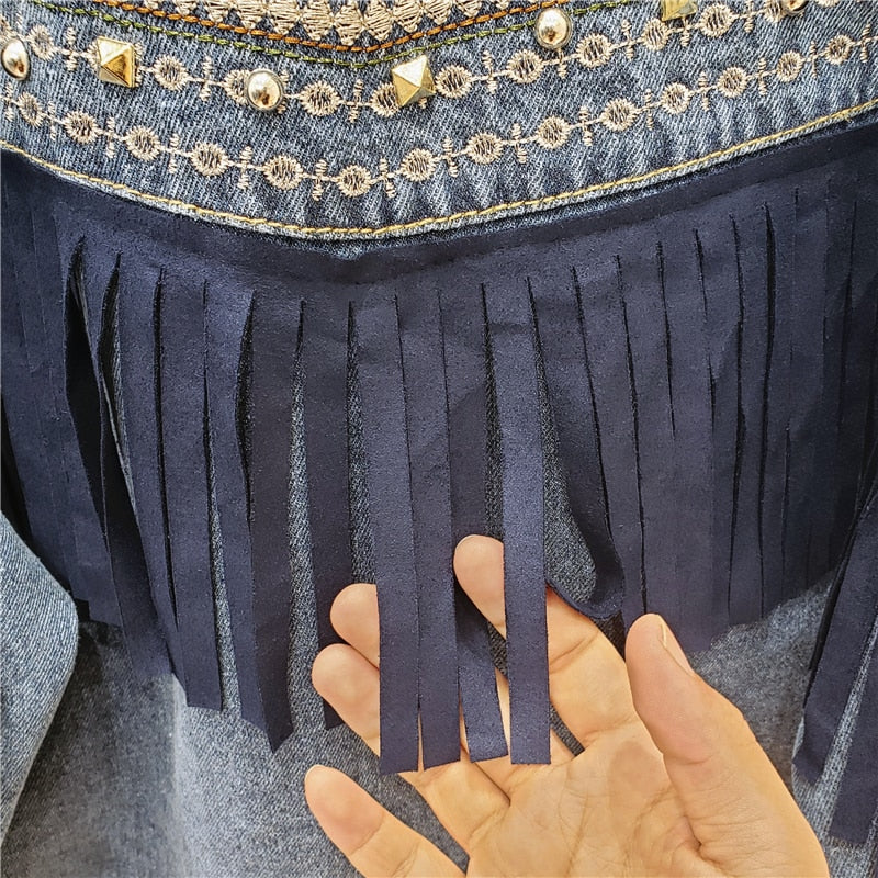 Denim Jacket Floral Embroidery Suede Fringe Loose Chaquetas Mujer Coat