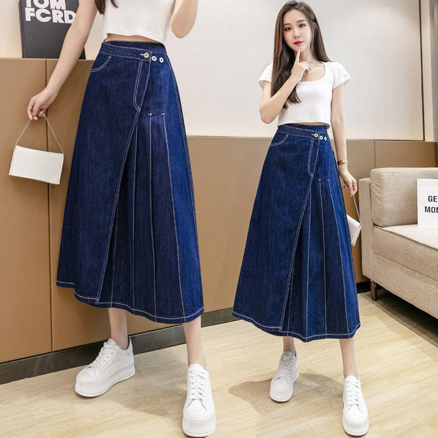 Pleated Midi Denim Skirt Irregular Jean Skirts Harajuku Vintage Faldas Ropa