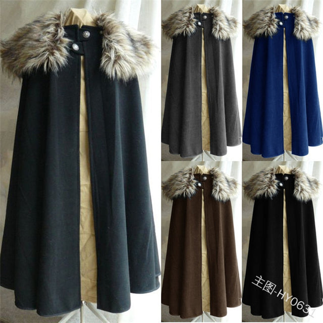 Cloak Larp Viking Winter Fur Collar Pirate Cosplay Cape Halloween Gothic Steampunk Costume
