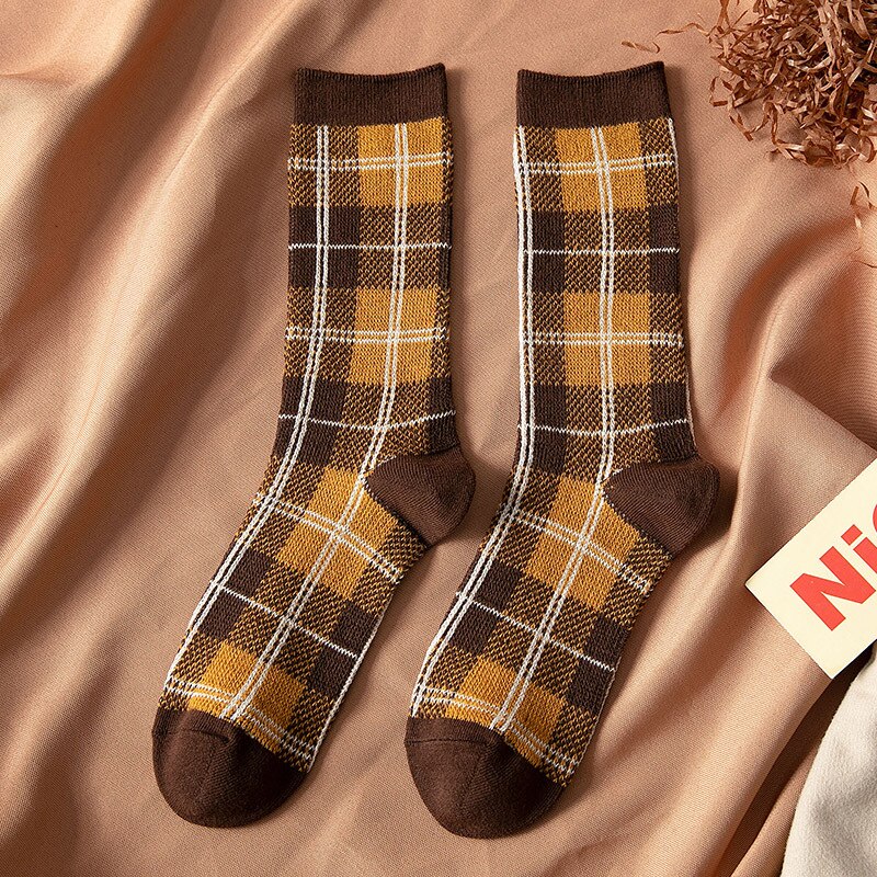 Cotton Socks Style Retro Stack Socks Thousand Bird Tartan Style Preppy Fashion Sen Department Mid-tube