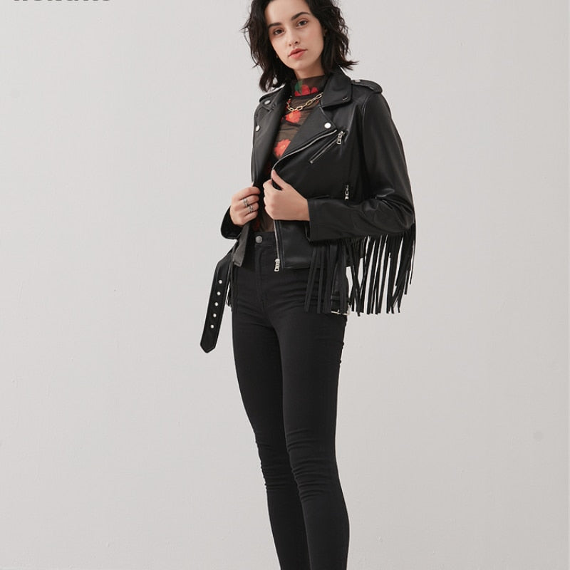 Fashion Fringed Jacket Women Tassel Spring PU Leather Coat Short Slim Fit Waist Motorcycle Jacket
