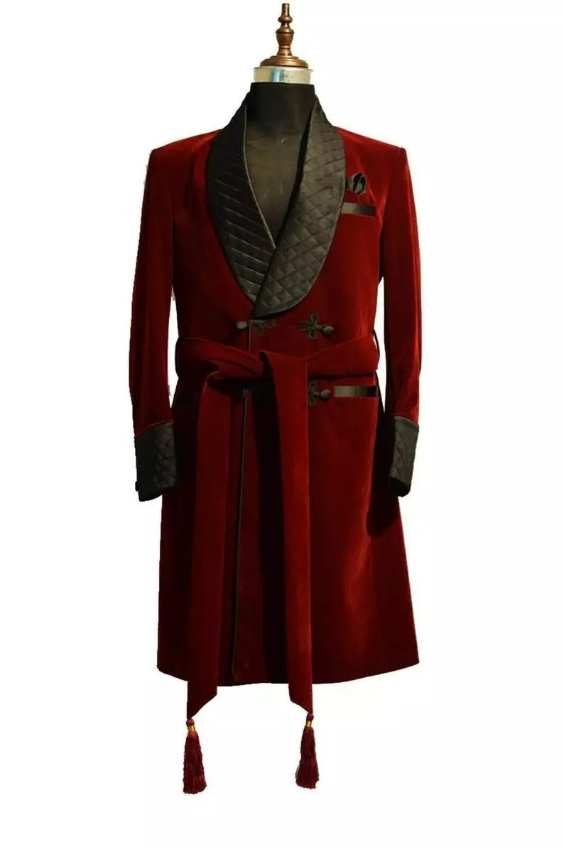 Burgundy Velvet Long Smoking Jackets Black Shawl Lapel Formal Tuxedos Loose Vintage Retro Party Prom Suit Blazer