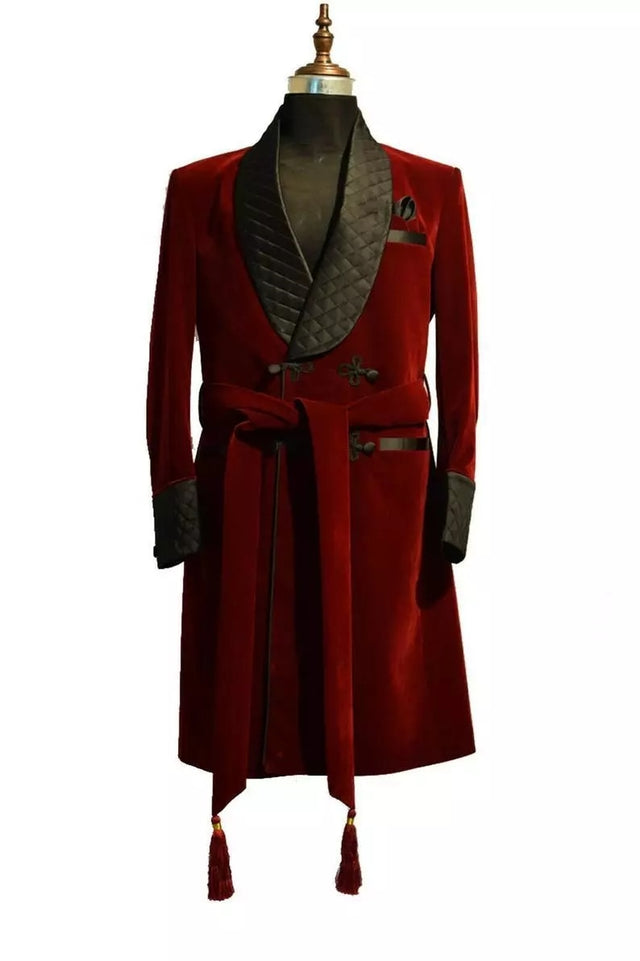 Burgundy Velvet Long Smoking Jackets Black Shawl Lapel Formal Tuxedos Loose Vintage Retro Party Prom Suit Blazer