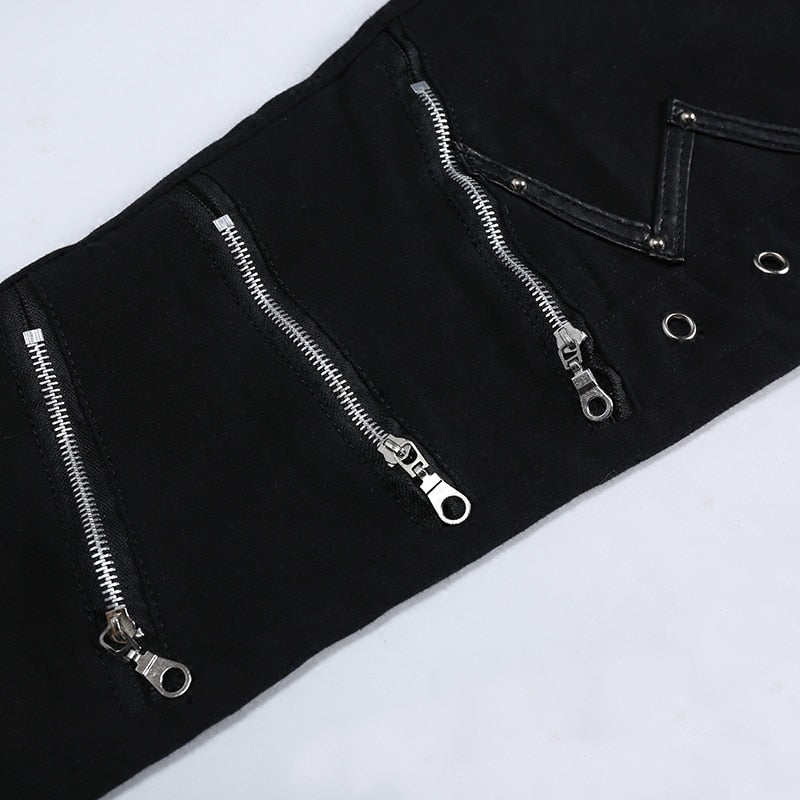 Slim Fit Pants Punk Style Black Patchwork Leather Zippers Dance Night Club Gothic Jeans Trousers