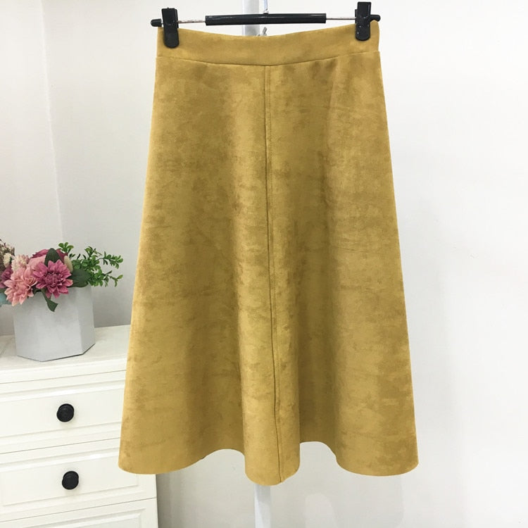 2022 Vintage Style Elastic Ladies A-Line Black Green Flare Fashion High Waist Midi Skirt