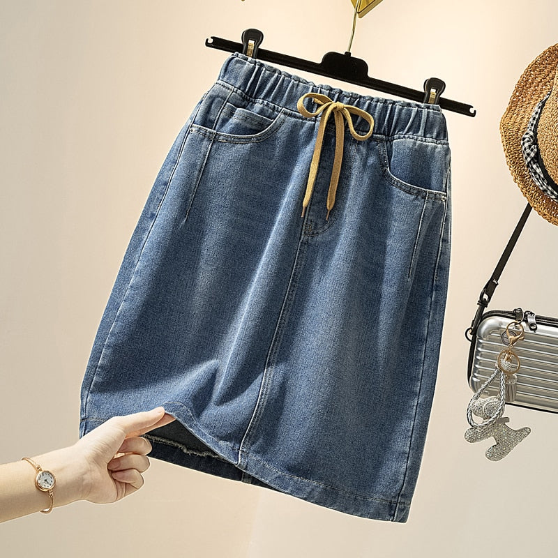 Plus Size Fashion Bottoms Elastic Waist Lace-Up Blue Jeans Summer Casual Streetwear Pockets Short Skirt