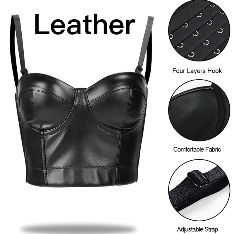 Leather gothic clothing Corselet top Burlesque Push up Bras  Women Bra Tops
