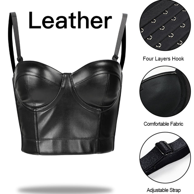 Leather gothic clothing Corselet top Burlesque Push up Bras  Women Bra Tops