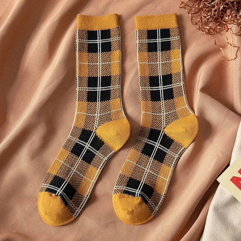 Cotton Socks Style Retro Stack Socks Thousand Bird Tartan Style Preppy Fashion Sen Department Mid-tube
