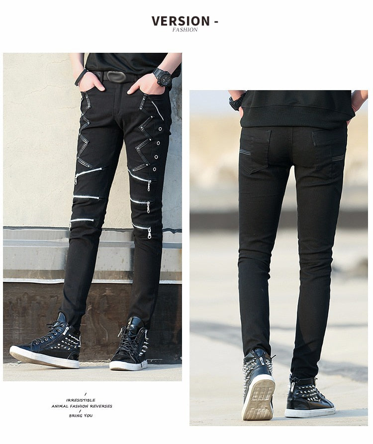 Slim Fit Pants Punk Style Black Patchwork Leather Zippers Dance Night Club Gothic Jeans Trousers