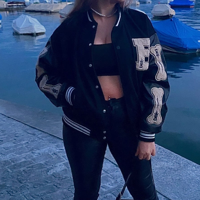 Varsity Baseball Bomber Jacket Women Hip Hop Harajuku Bone Letter Patchwork Leather Jackets Streetwear