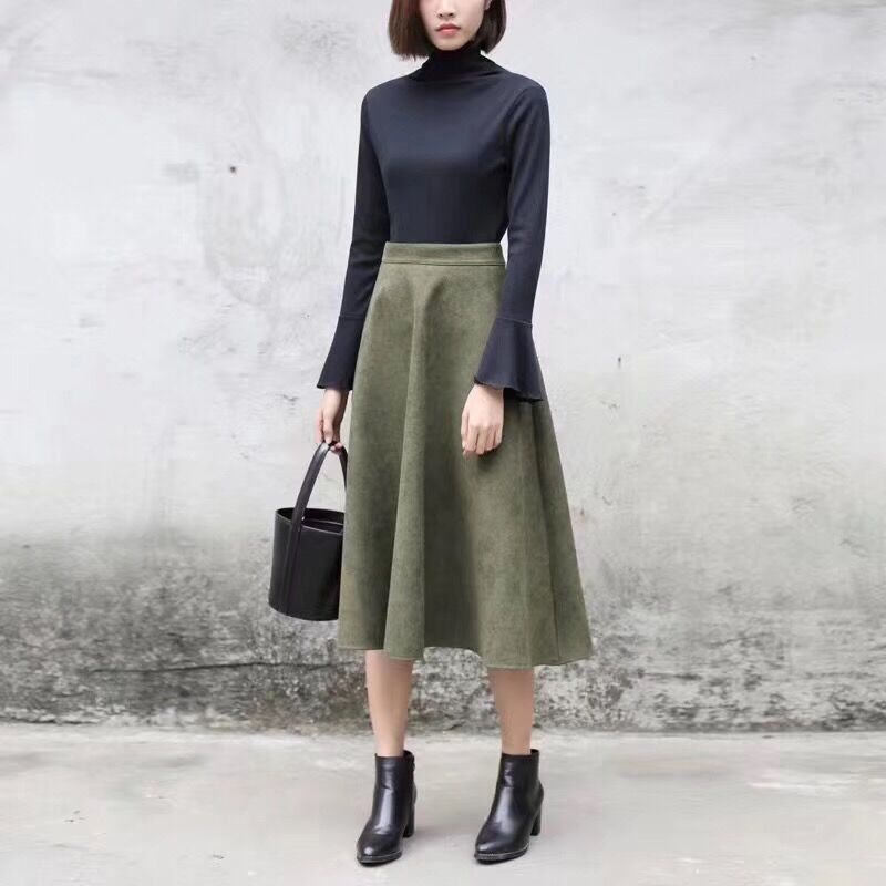 2022 Vintage Style Elastic Ladies A-Line Black Green Flare Fashion High Waist Midi Skirt